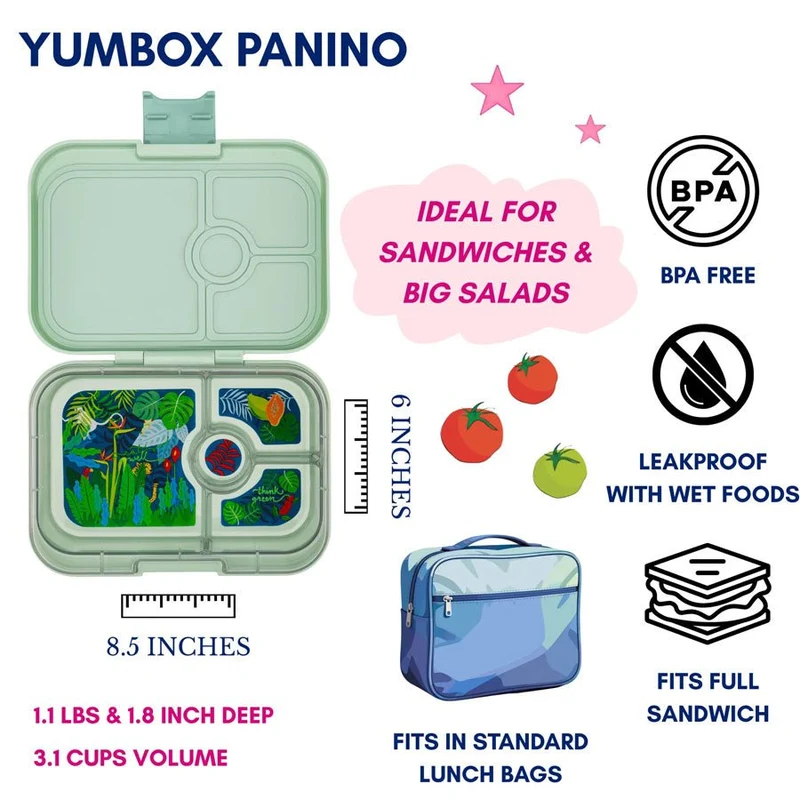 Panino Brotdose mit 4 Fächern in Sage Green/Jungle Tray