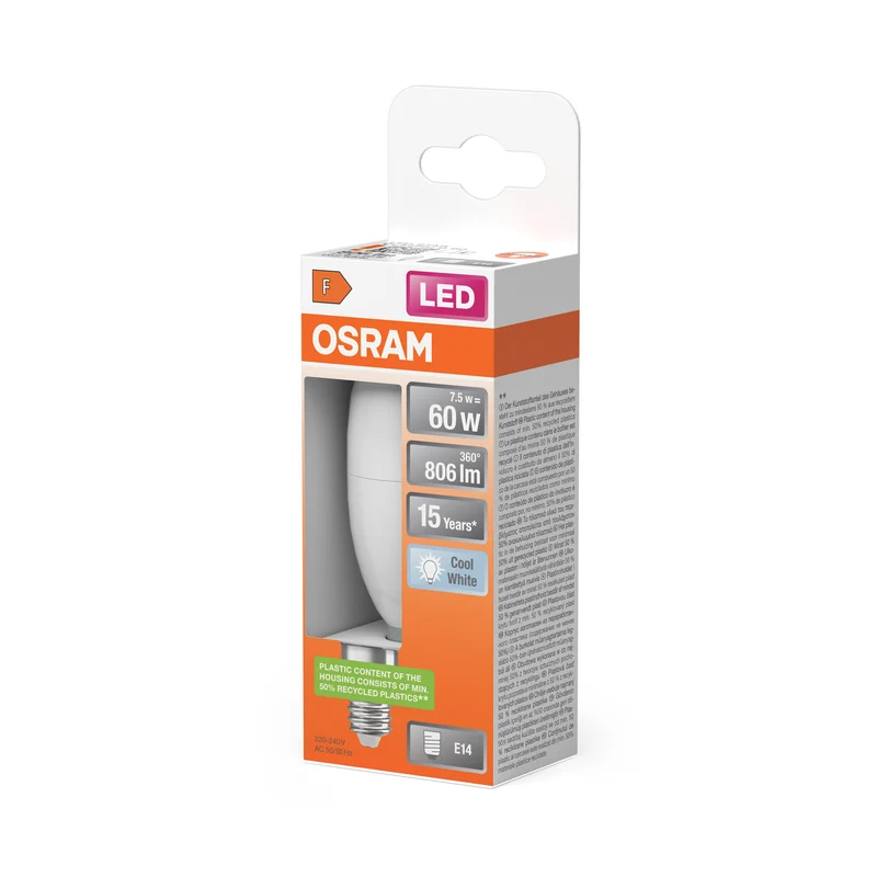 OSRAM LED PCR LAMP WITH CLASSIC B in B-Form, LED-Lampe, Matt, 7,5 W, (ex 60 W), 806 lm, Kaltweiß, 4000 K, 15000 h, CRI 80