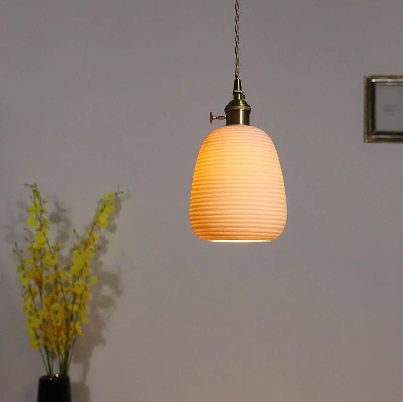 Euroselle Ceramic Ribbed Pendant LED Light, Japanese Lantern Shape, Bulb Included