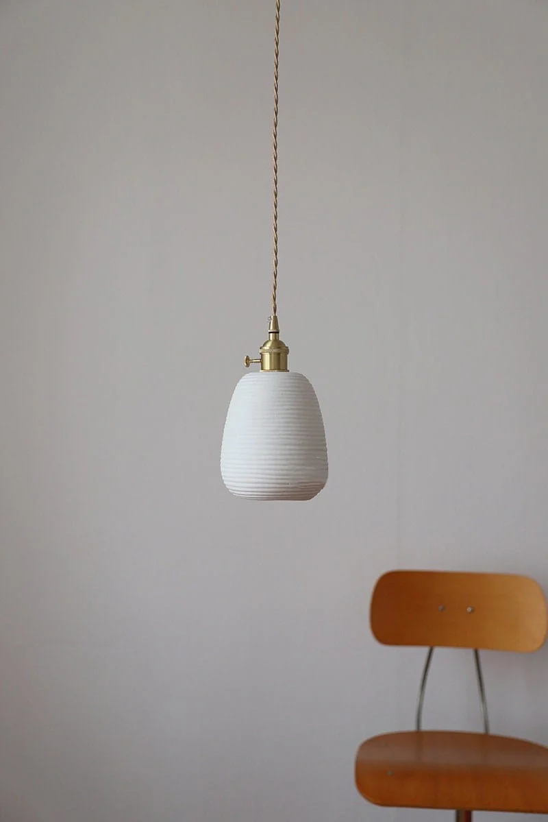Euroselle Ceramic Ribbed Pendant LED Light, Japanese Lantern Shape, Bulb Included