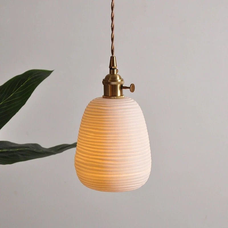 Euroselle Ceramic Ribbed Pendant LED Light, Japanese Lantern Shape, Bulb Included