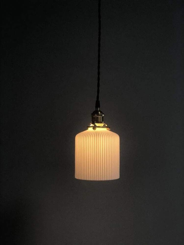 Euroselle Ceramic Ribbed Pendant LED Light, Japanese Lantern Shape, Bulb Included