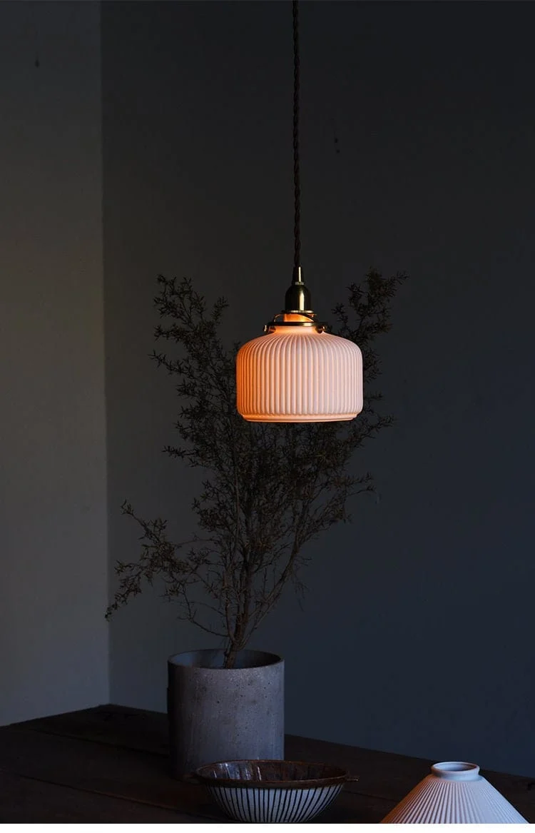 Euroselle Ceramic Ribbed Pendant LED Light, Japanese Lantern Shape, Bulb Included