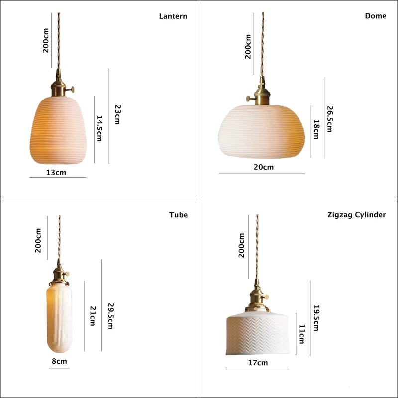 Euroselle Ceramic Ribbed Pendant LED Light, Japanese Lantern Shape, Bulb Included