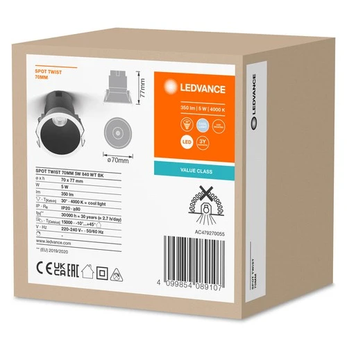 LEDVANCE SPOT TWIST Ø 70mm Downlight, schwarz, 5W, 400lm, 840 WT