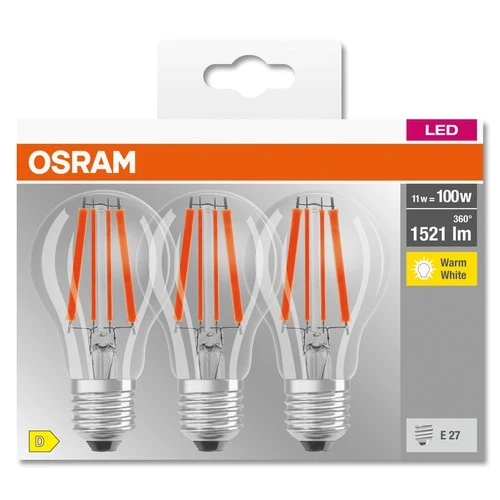 OSRAM LED BASE CLASSIC A Lampe klar (ex 100W) 11W / 2700K Warmweiß E27, 3er Pack