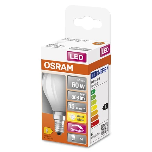 OSRAM Dimmbare Filament LED Lampe mit E14 Sockel, Warmweiss (2700K), Tropfenform, 6.5W, Ersatz für 60W-Glühbirne, matt, LED Retrofit CLASSIC P DIM