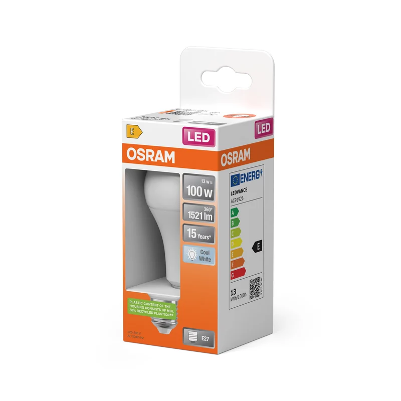 OSRAM LED PCR LAMP WITH CLASSIC A in A-Form, LED-Lampe, Matt, 13 W, (ex 100 W), 1521 lm, Kaltweiß, 4000 K, 15000 h, CRI 80