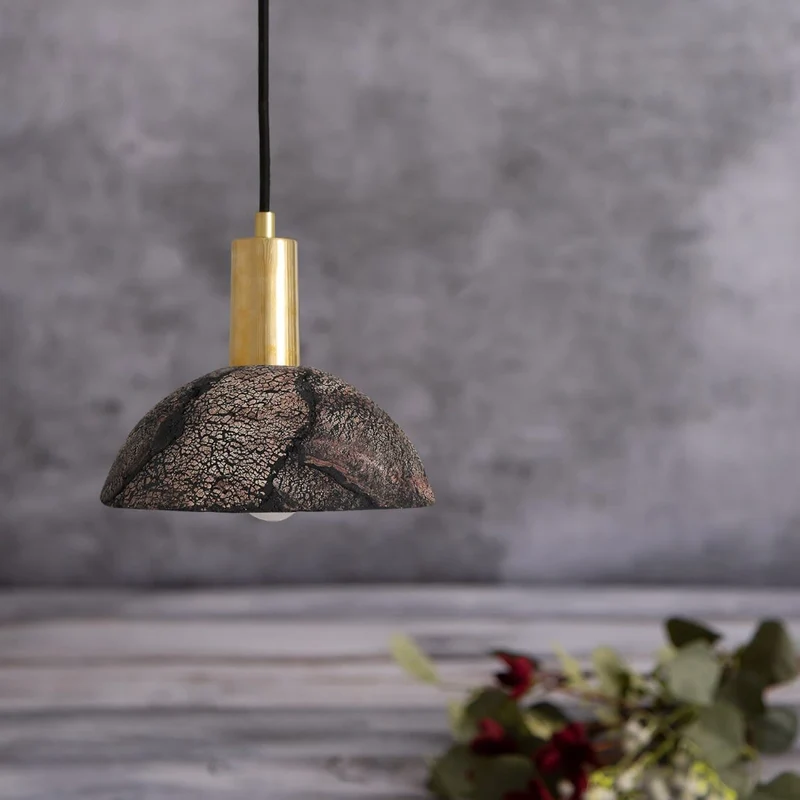 Kauri Organic Ceramic Dome Pendant Light 20cm, Black Clay Euroselle