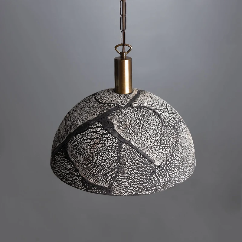 Kauri Organic Ceramic Dome Pendant Light 37cm Black Clay Euroselle