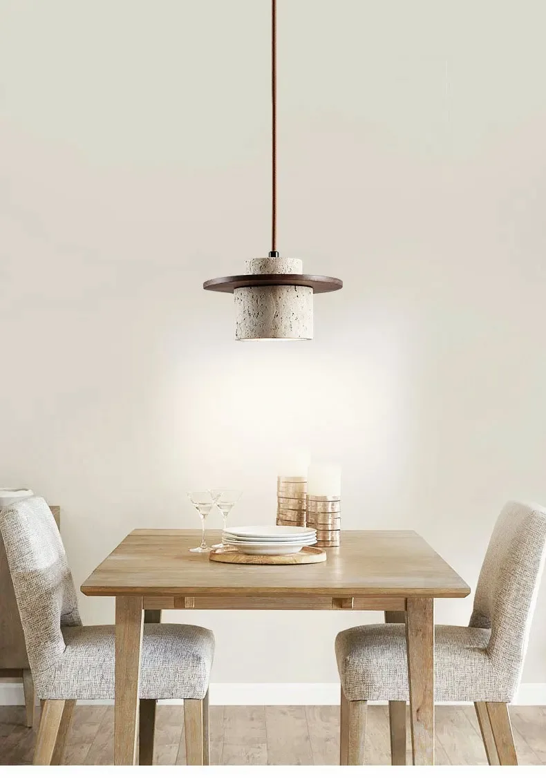 Kunglao Pendant Light By Euroselle — Textured Stone Finish With Wood Details And Black Metal Accents