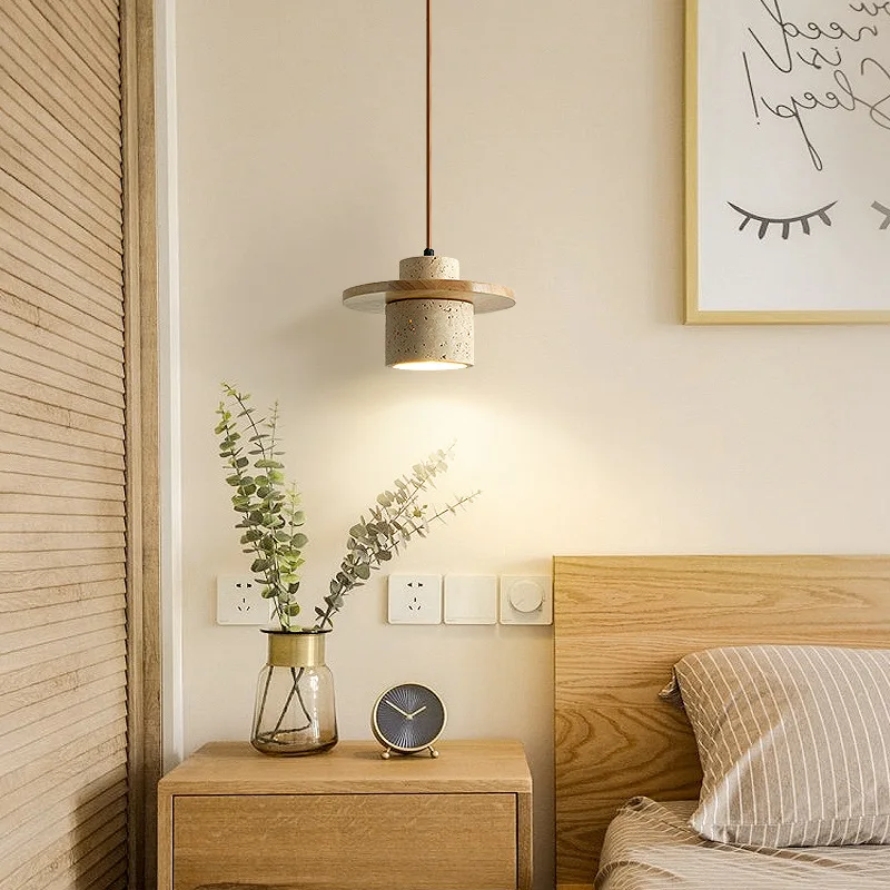 Kunglao Pendant Light By Euroselle — Textured Stone Finish With Wood Details And Black Metal Accents