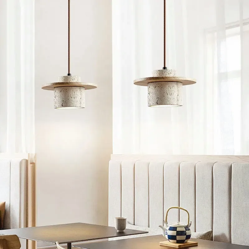 Kunglao Pendant Light By Euroselle — Textured Stone Finish With Wood Details And Black Metal Accents