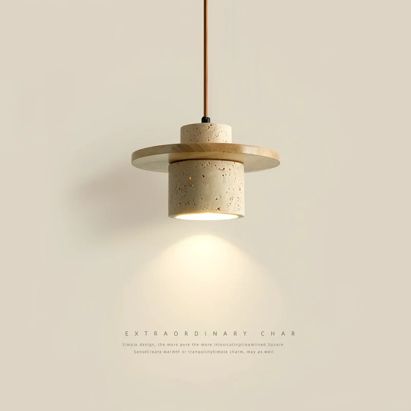 Kunglao Pendant Light By Euroselle — Textured Stone Finish With Wood Details And Black Metal Accents
