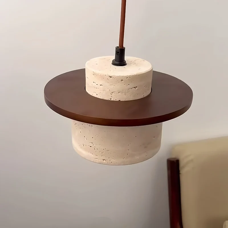 Kunglao Pendant Light By Euroselle — Textured Stone Finish With Wood Details And Black Metal Accents