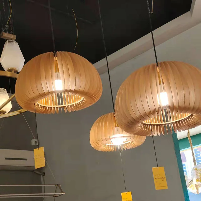Euroselle Pumpkin Pendant Lamp In Rustic Wood For Dining Rooms And Bedrooms Adjustable Height