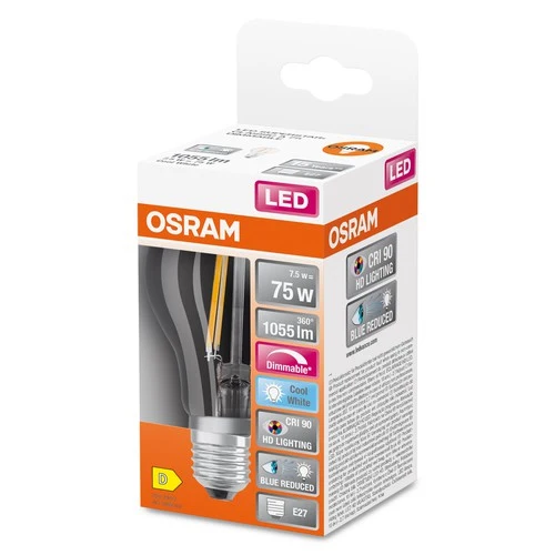 OSRAM Dimmbare LED-Lampe LED SUPERSTAR+ CL A FIL 75 dim 7,5W/940 E27 CRI90 BOX, E27 , Kaltweiß