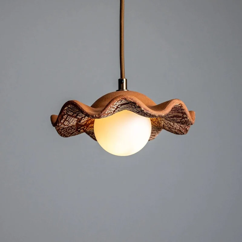 Rivale Pendant Light With Wavy Ceramic Shade In Red Iron By Euroselle