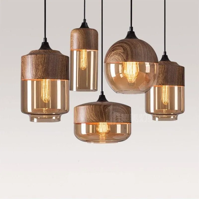 Nordic Woody Metal Pendant LED Light With Tea Colored Glass Shade Bulb Included Euroselle