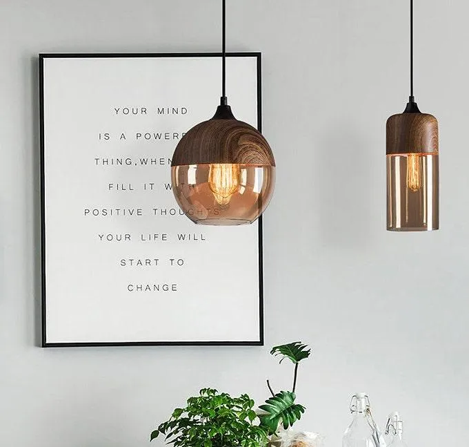 Nordic Woody Metal Pendant LED Light With Tea Colored Glass Shade Bulb Included Euroselle