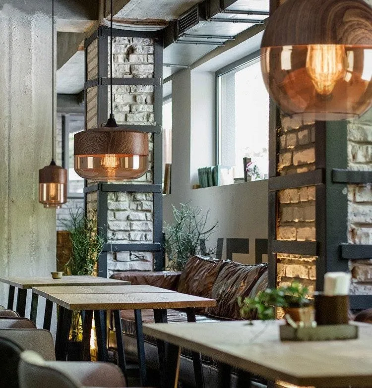 Nordic Woody Metal Pendant LED Light With Tea Colored Glass Shade Bulb Included Euroselle