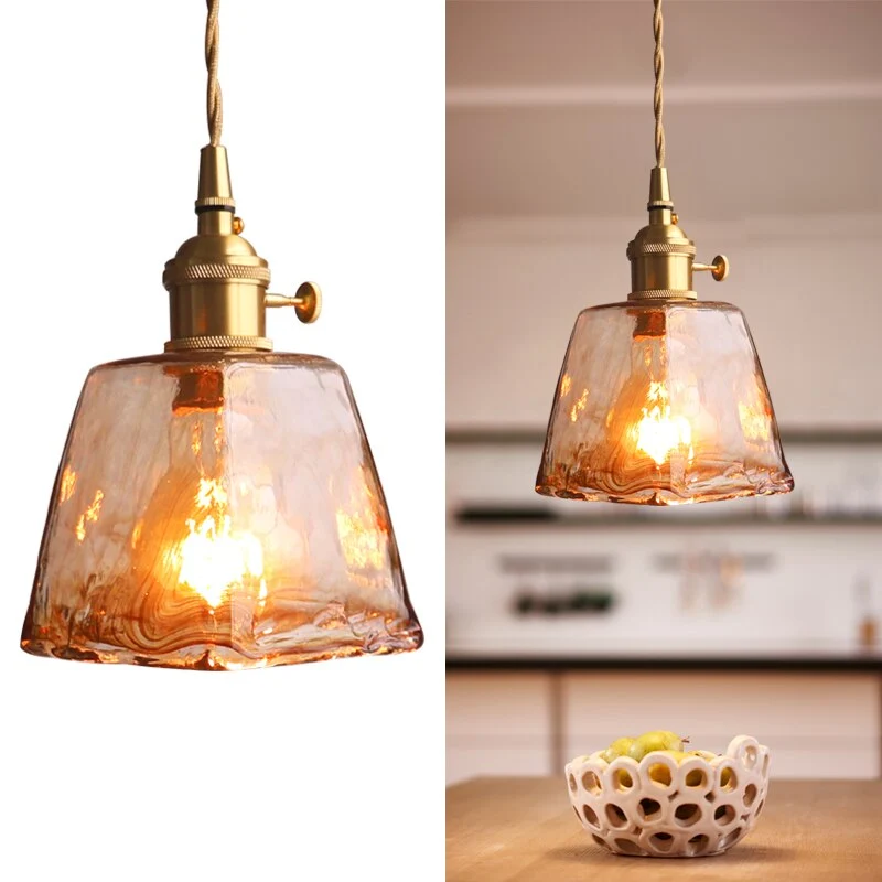 Euroselle Brass Amber Glass Pendant Light Fixture Elegant