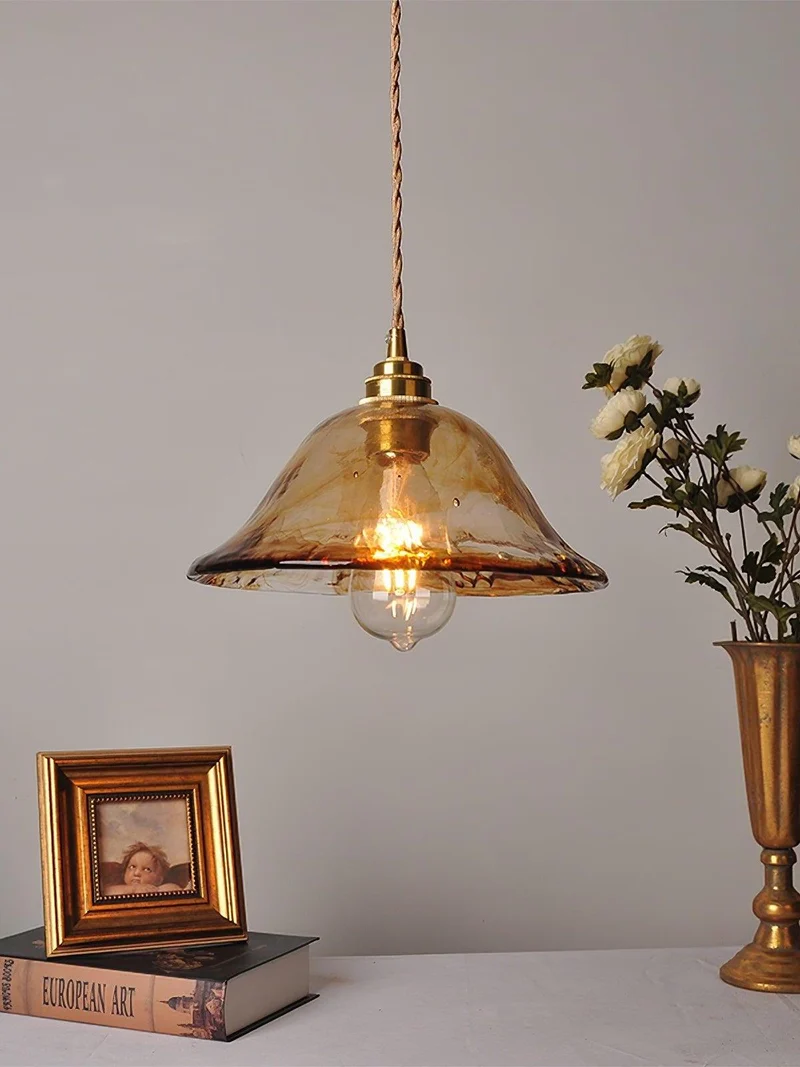 Euroselle Brass Amber Glass Pendant Light Fixture Elegant