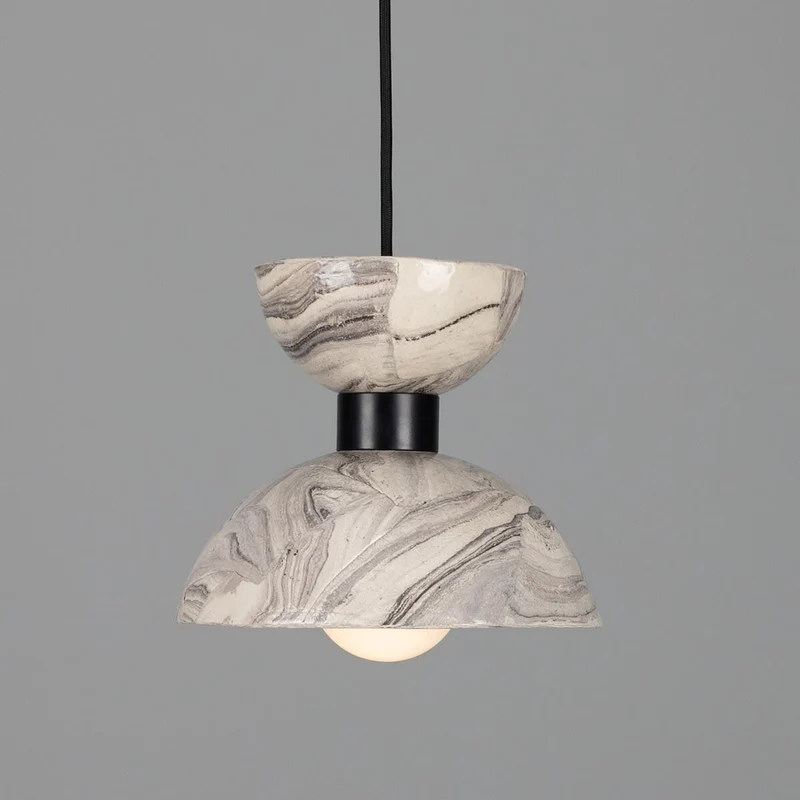 Nakaii Marbled Ceramic Pendant Light With Two Domes Brass Holder 20cm