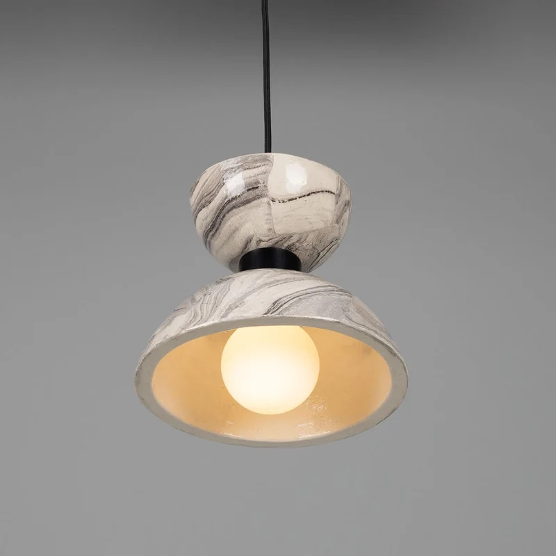 Nakaii Marbled Ceramic Pendant Light With Two Domes Brass Holder 20cm