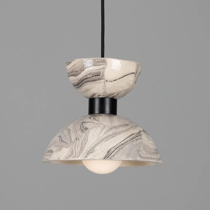 Nakaii Marbled Ceramic Pendant Light With Two Domes Brass Holder 20cm