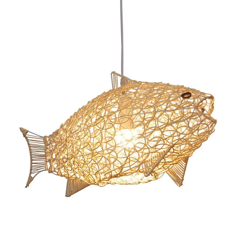 Aurora Nordic Bamboo Pendant Light With Handwoven Fish Art LED Hanging Lamp by Euroselle