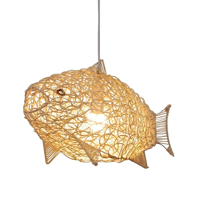 Aurora Nordic Bamboo Pendant Light With Handwoven Fish Art LED Hanging Lamp by Euroselle