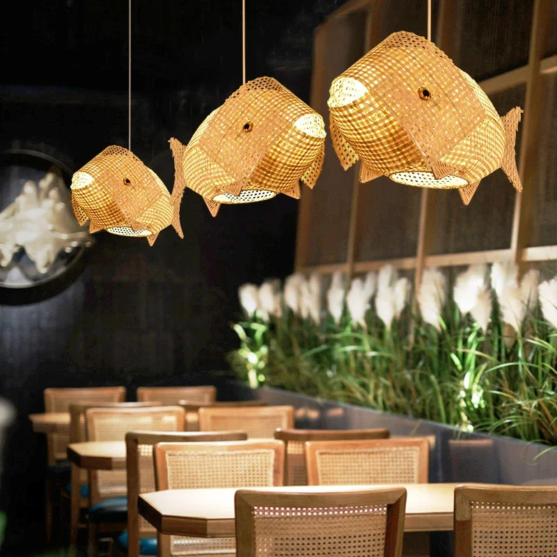Aurora Nordic Bamboo Pendant Light With Handwoven Fish Art LED Hanging Lamp by Euroselle