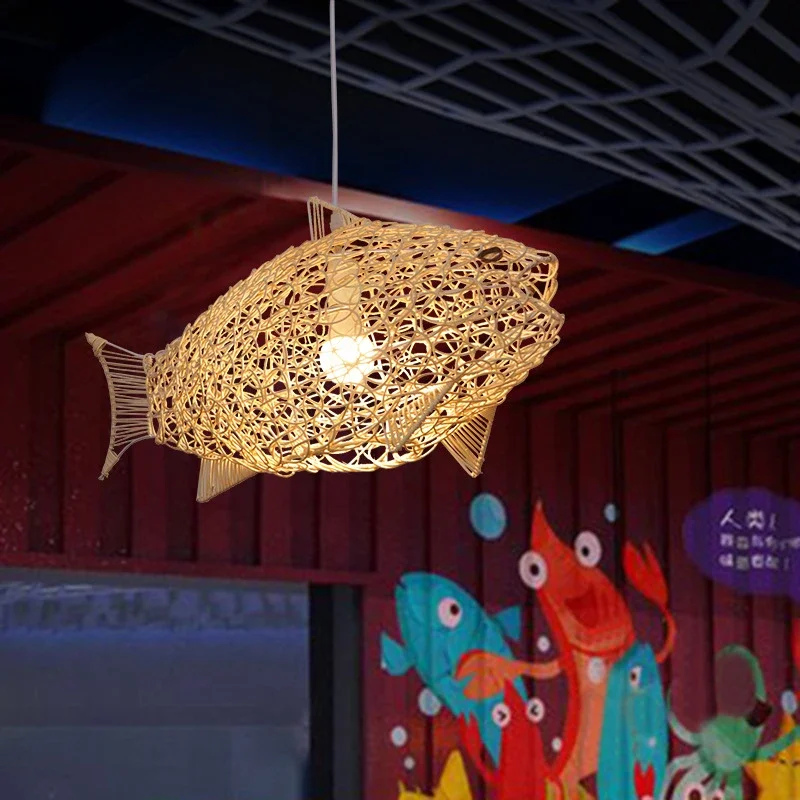 Aurora Nordic Bamboo Pendant Light With Handwoven Fish Art LED Hanging Lamp by Euroselle
