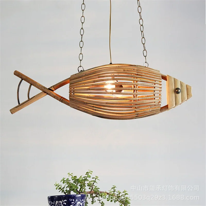 Aurora Nordic Bamboo Pendant Light With Handwoven Fish Art LED Hanging Lamp by Euroselle