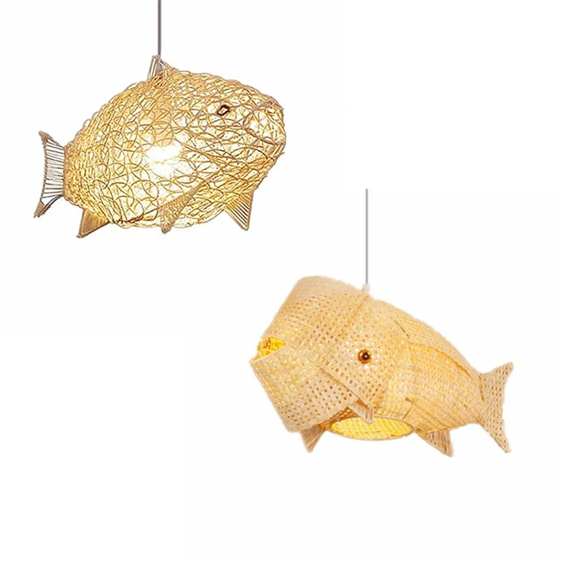 Aurora Nordic Bamboo Pendant Light With Handwoven Fish Art LED Hanging Lamp by Euroselle