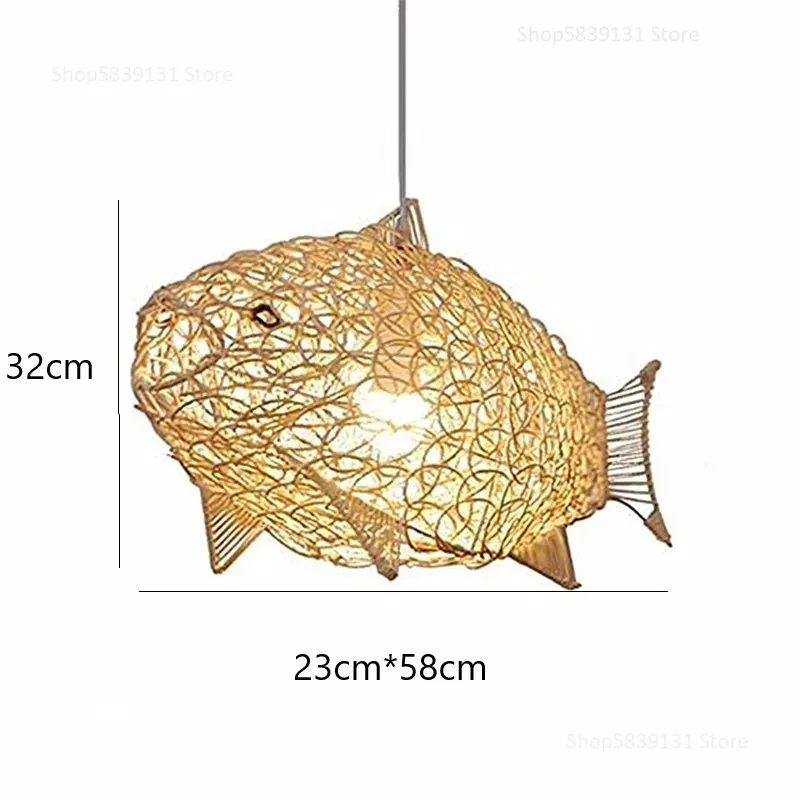 Aurora Nordic Bamboo Pendant Light With Handwoven Fish Art LED Hanging Lamp by Euroselle