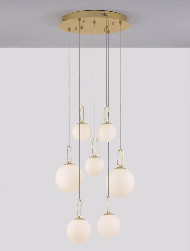 Hook LED Pendelleuchte 7-flammig Ø 56,6cm 3000K Gold-Gebürstet, Weiß