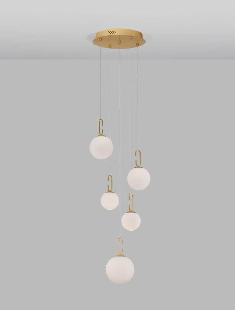 Hook LED Pendelleuchte 5-flammig Ø 42cm 3000K Gold-Gebürstet, Weiß