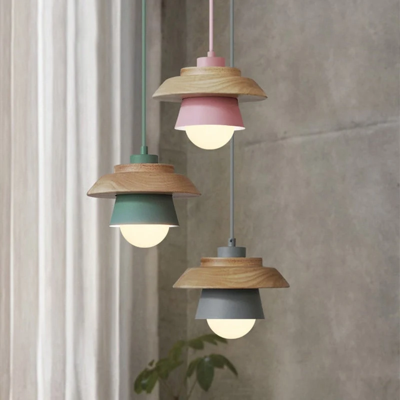 Euroselle Modern Nordic Wood Pendant Lamp With Wooden Accent And Aluminum Shade