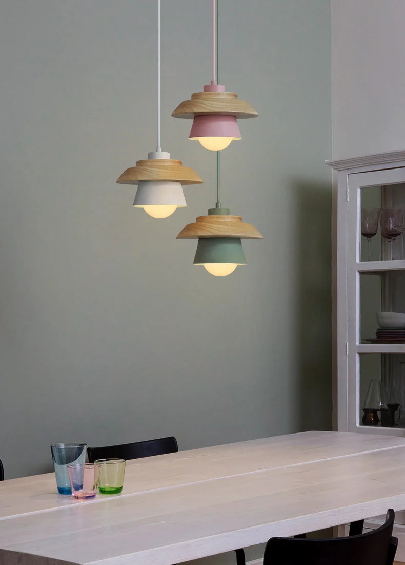 Euroselle Modern Nordic Wood Pendant Lamp With Wooden Accent And Aluminum Shade