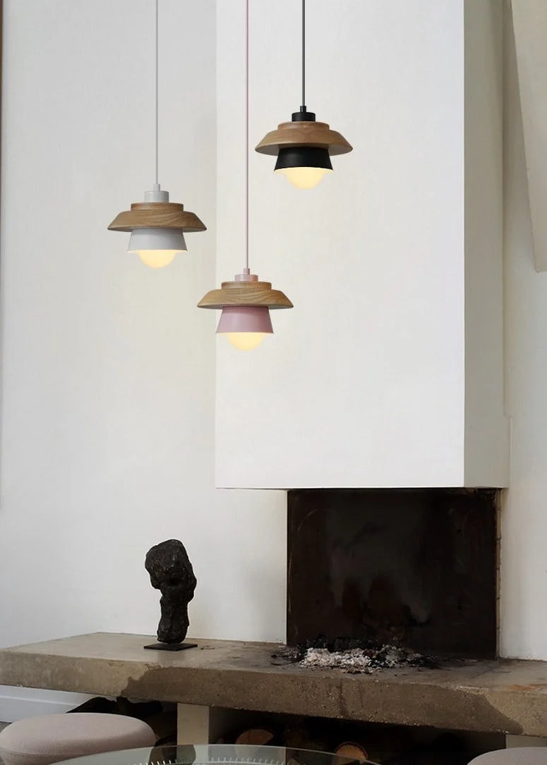 Euroselle Modern Nordic Wood Pendant Lamp With Wooden Accent And Aluminum Shade