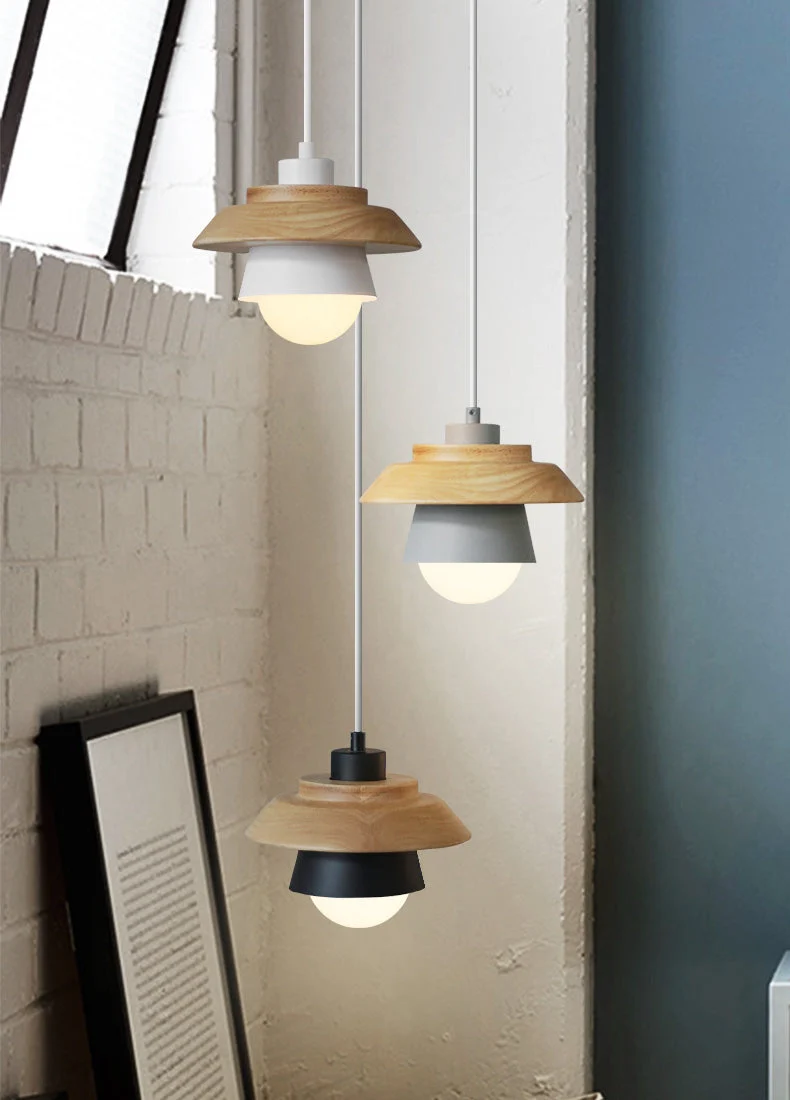Euroselle Modern Nordic Wood Pendant Lamp With Wooden Accent And Aluminum Shade
