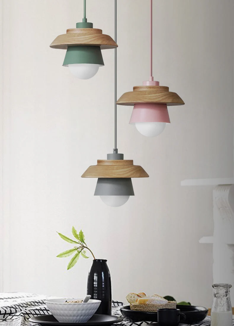Euroselle Modern Nordic Wood Pendant Lamp With Wooden Accent And Aluminum Shade
