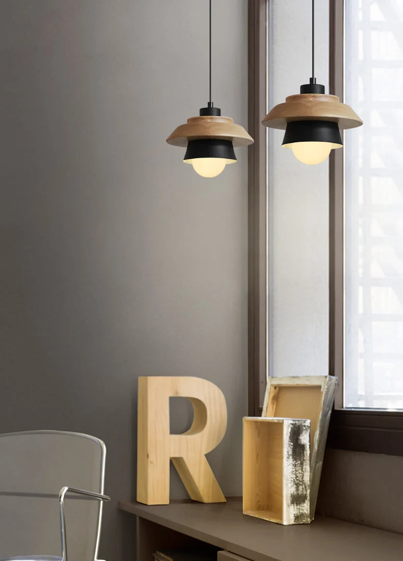 Euroselle Modern Nordic Wood Pendant Lamp With Wooden Accent And Aluminum Shade