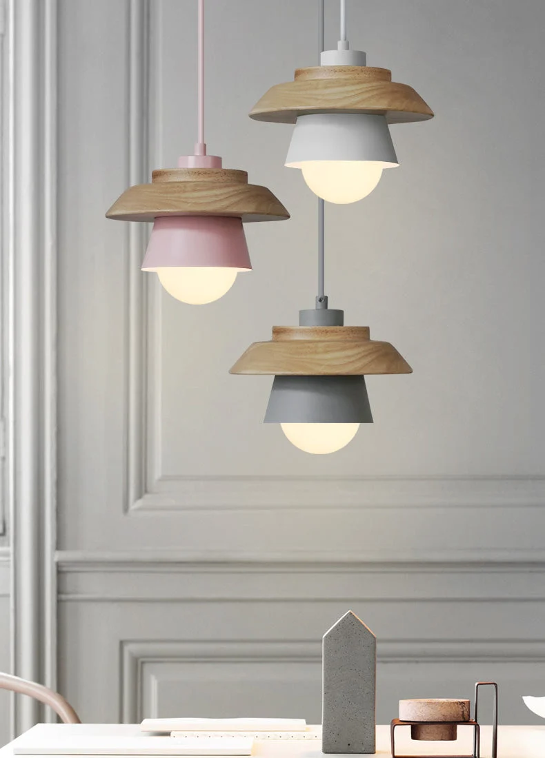Euroselle Modern Nordic Wood Pendant Lamp With Wooden Accent And Aluminum Shade