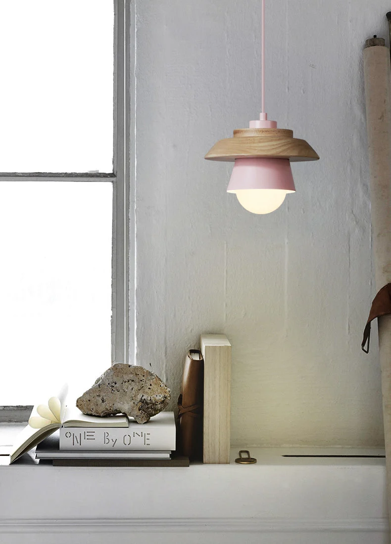 Euroselle Modern Nordic Wood Pendant Lamp With Wooden Accent And Aluminum Shade