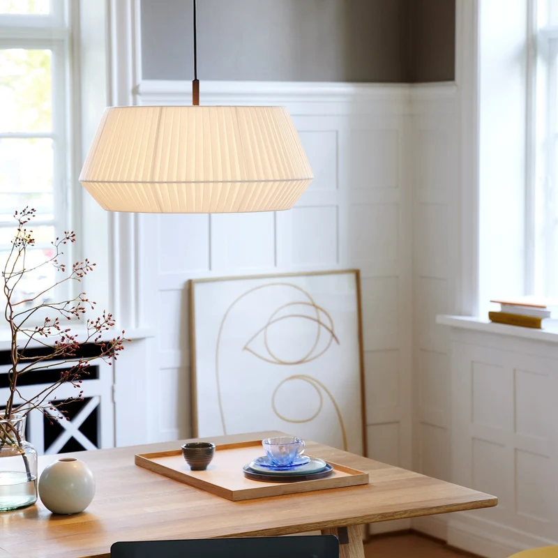 Dicte 53 Pendant Light By Euroselle Beige Or White With Pleated Cotton Shade And 200cm Fabric Cable