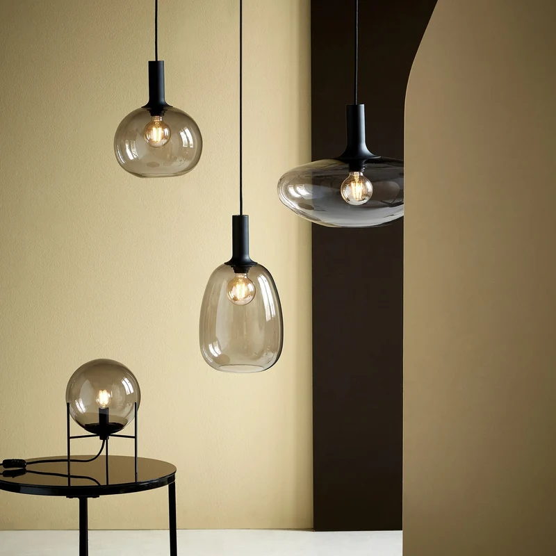 Alton 23 Pendant Light Euroselle Mouth Blown Glass Smoked Or Opal Glass With Brass And Black Stems