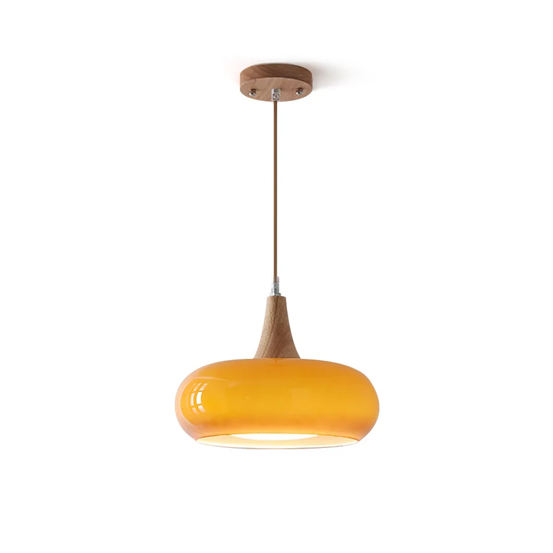 Elowen Wood Pendant Light With Amber Glass Shade And Warm Wood Top By Euroselle